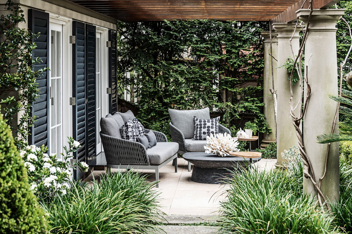 Garden terrace with outdoor furniture and planting