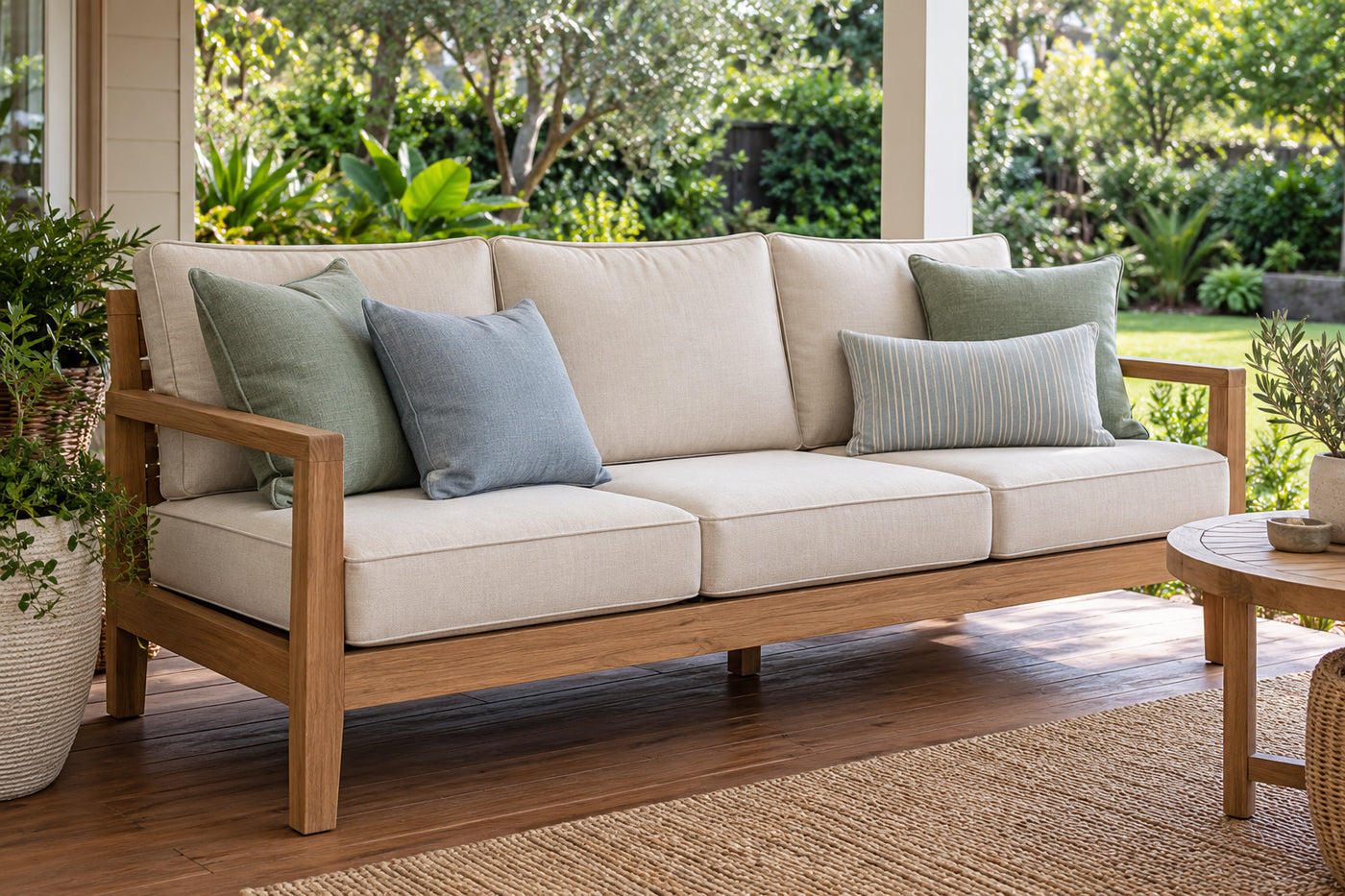 AI-generated illustration of a timber outdoor sofa with ivory seat and back cushions, sage and blue accents, on a sheltered veranda.