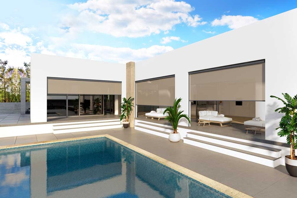Helioscreen external screens shading an outdoor poolside living area